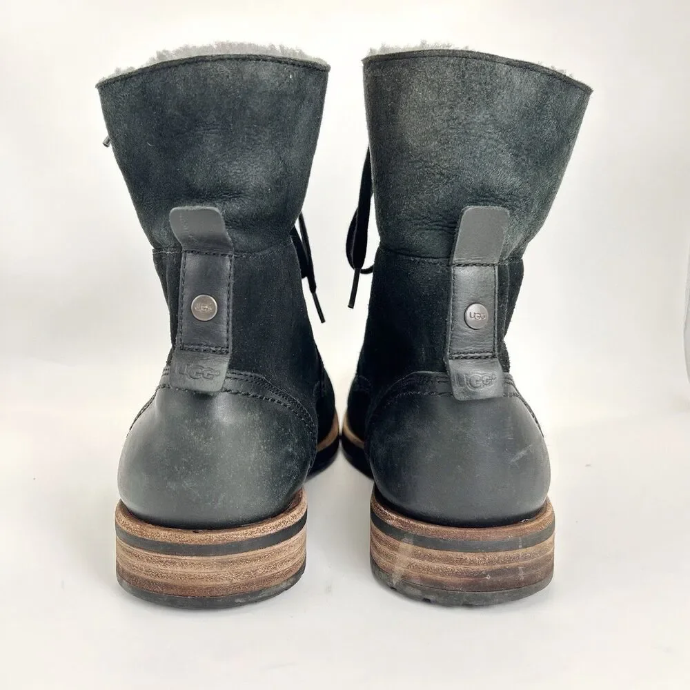 UGG Larus Combat Boots Mens Sz 11 Black Suede Leather Mid Fold-down Calf 1011936